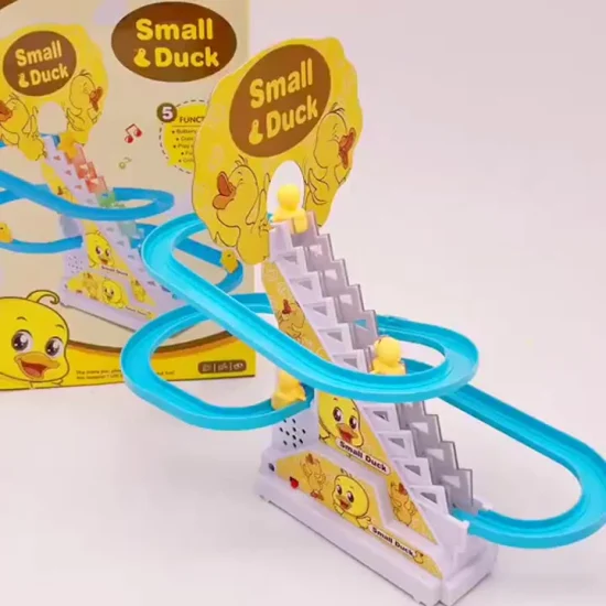 트랙 슬롯 장난감 배터리 USB로 작동되는 어린이 조명 및 음악 오리 계단 등반 장난감